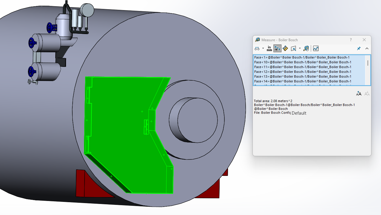 CAD surface-area measurement of the Bosch front door — 2.08 m²