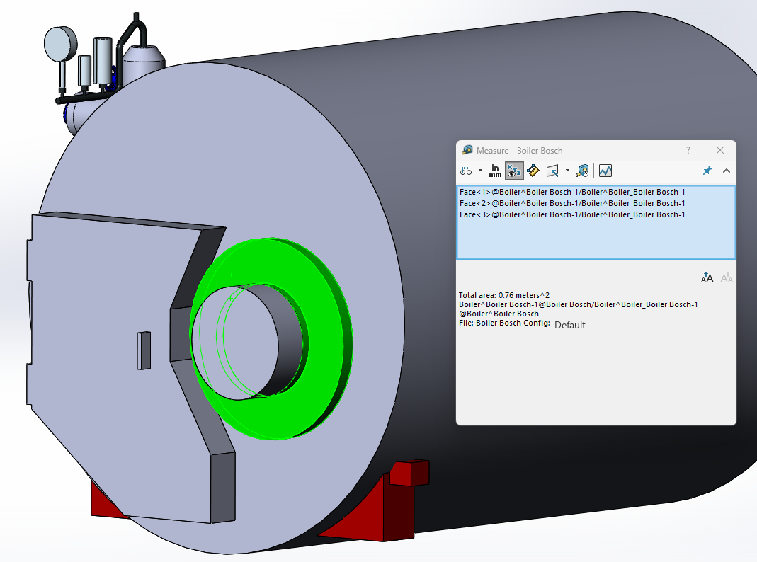 CAD surface-area measurement of the Bosch boiler burner flange — 0.76 m²