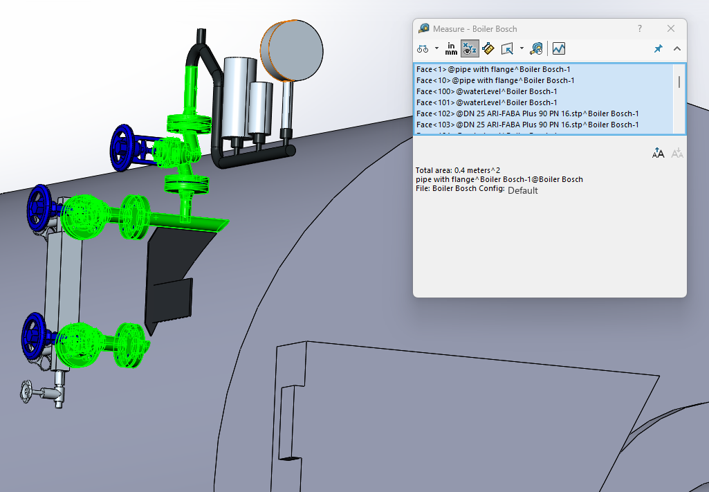 CAD surface-area measurement of the Bosch steam valves and piping — 0.40 m²
