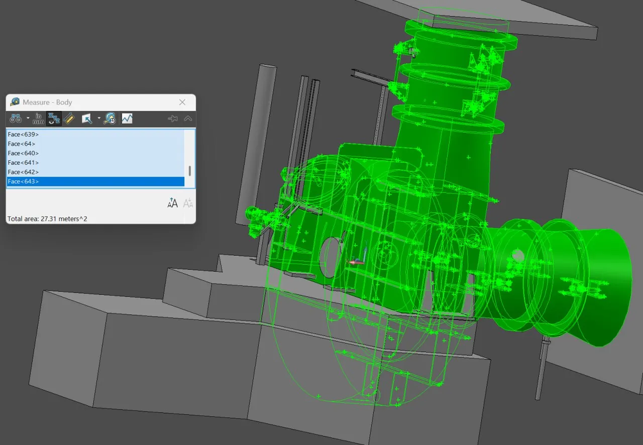 3D model of the MVR fan casing and vapour ducts with the measured insulated surfaces highlighted, total area 27.31 m²