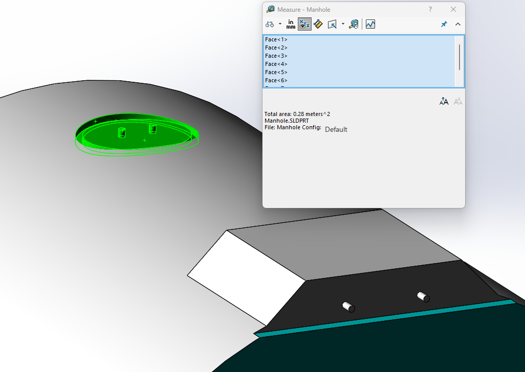 CAD surface-area measurement of the Cochran manhole — 0.28 m²