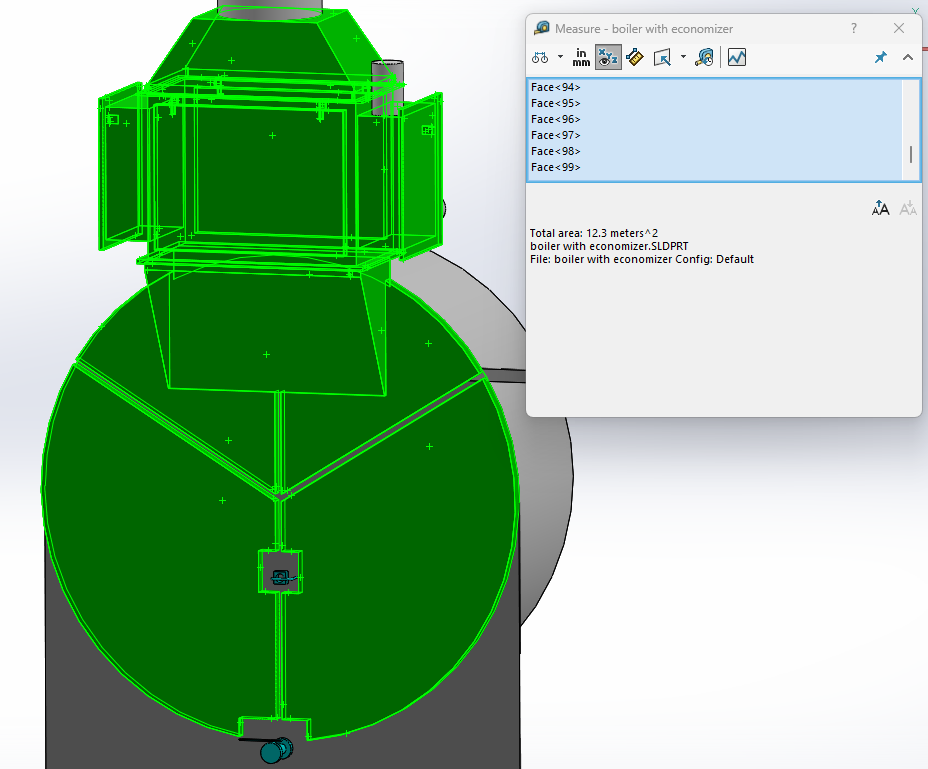 CAD surface-area measurement of the Cochran boiler plate and economizer — 12.3 m²