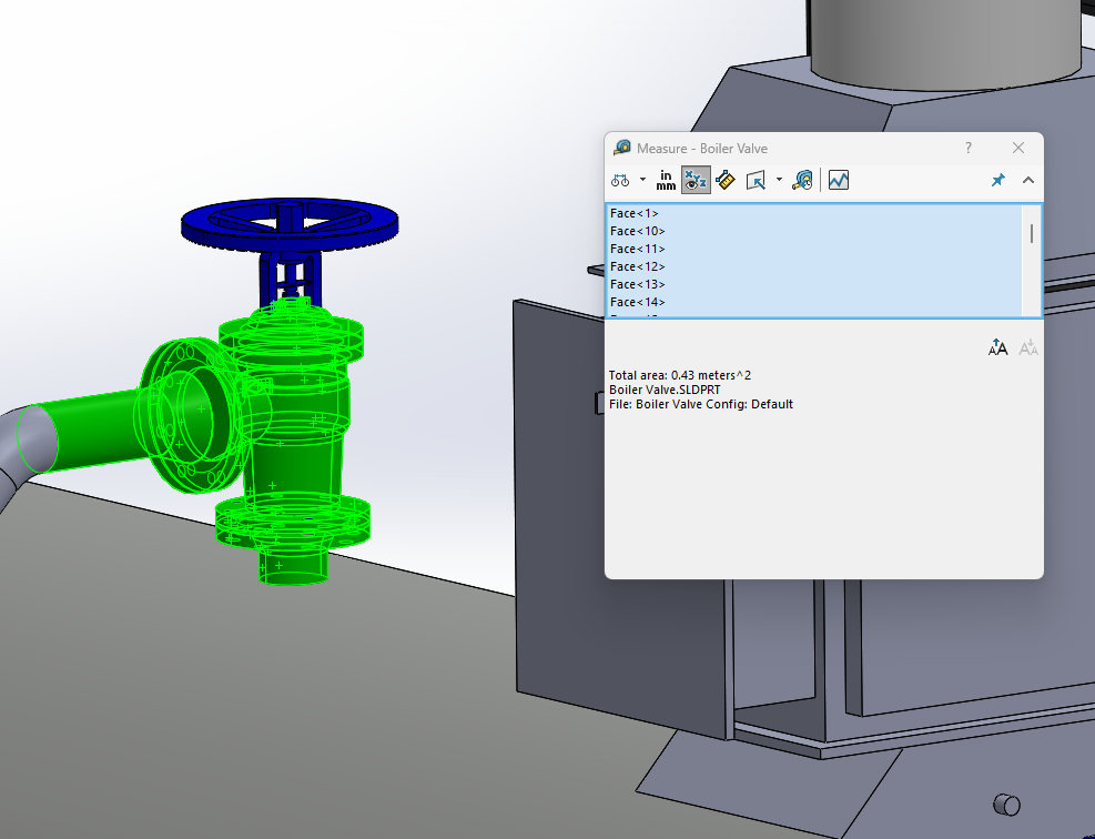 CAD surface-area measurement of the Cochran main valve — 0.43 m²