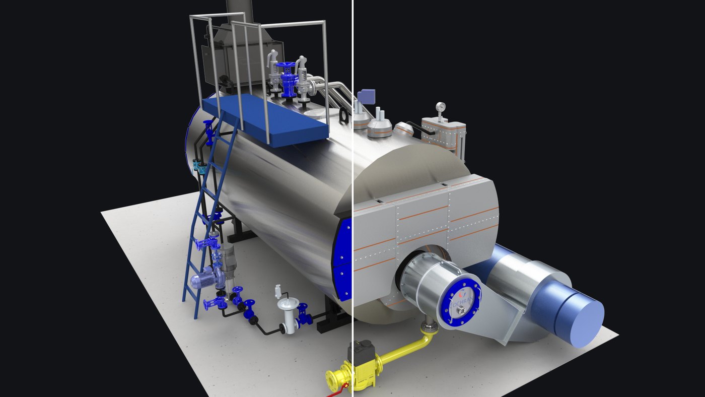 Cochran steam boiler — left half bare metal, right half insulated with Inzonex modular removable panels