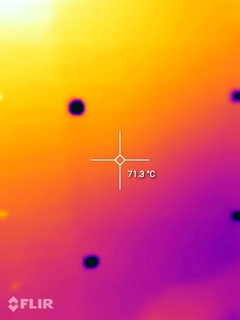 Thermogram of a bolted ironer panel, peak 66.7 C