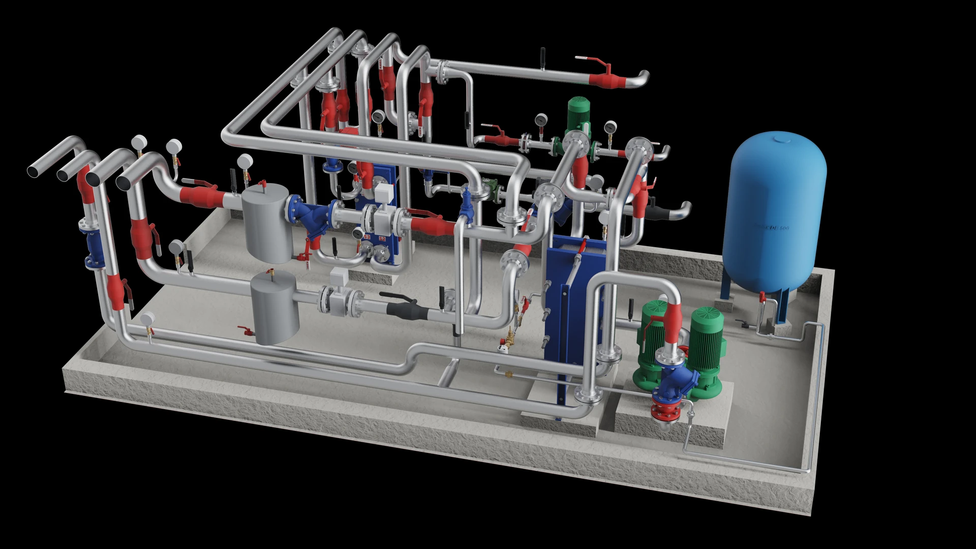 Hot-water energy centre: the blue buffer tank on its legs, circulation pumps, plate heat exchangers and bare pipework on a concrete plinth