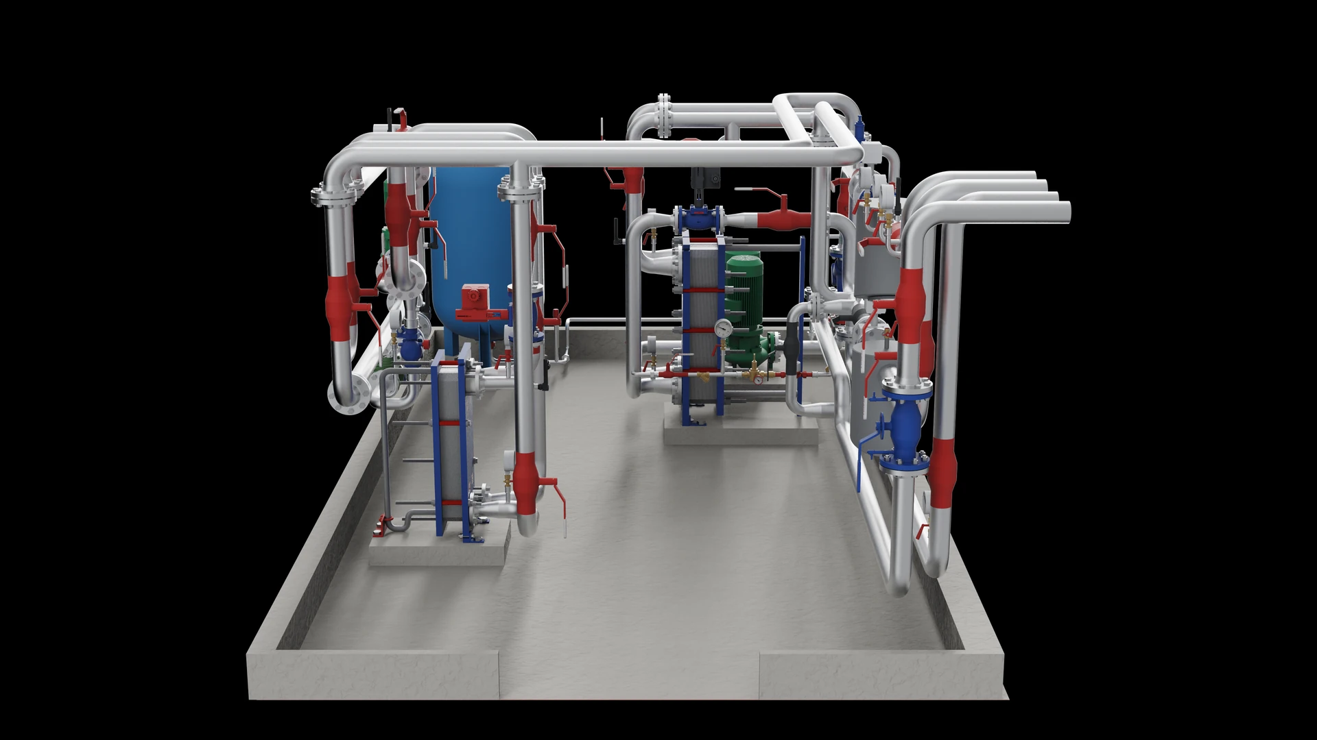 Hot-water plant room seen straight on. The blue buffer tank, two plate heat exchangers, a circulation pump, a Y-strainer and lever ball valves on a plinth