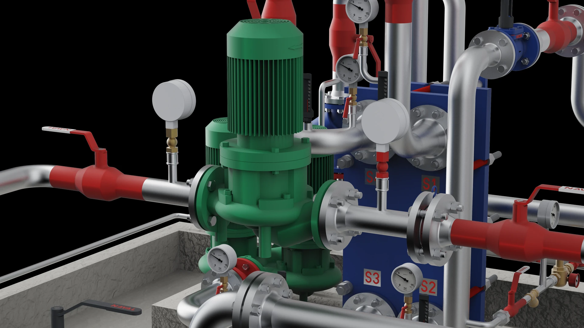 The same circulation pumps as they run today, bare