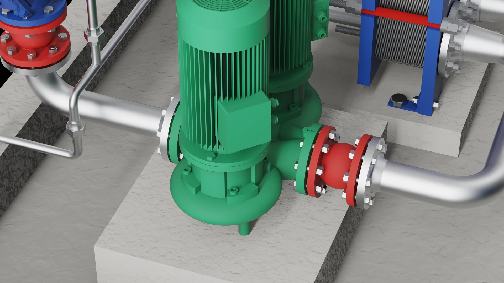 Green inline circulation pump close up: finned motor with terminal box, volute and casing drain below, red flanged suction and discharge