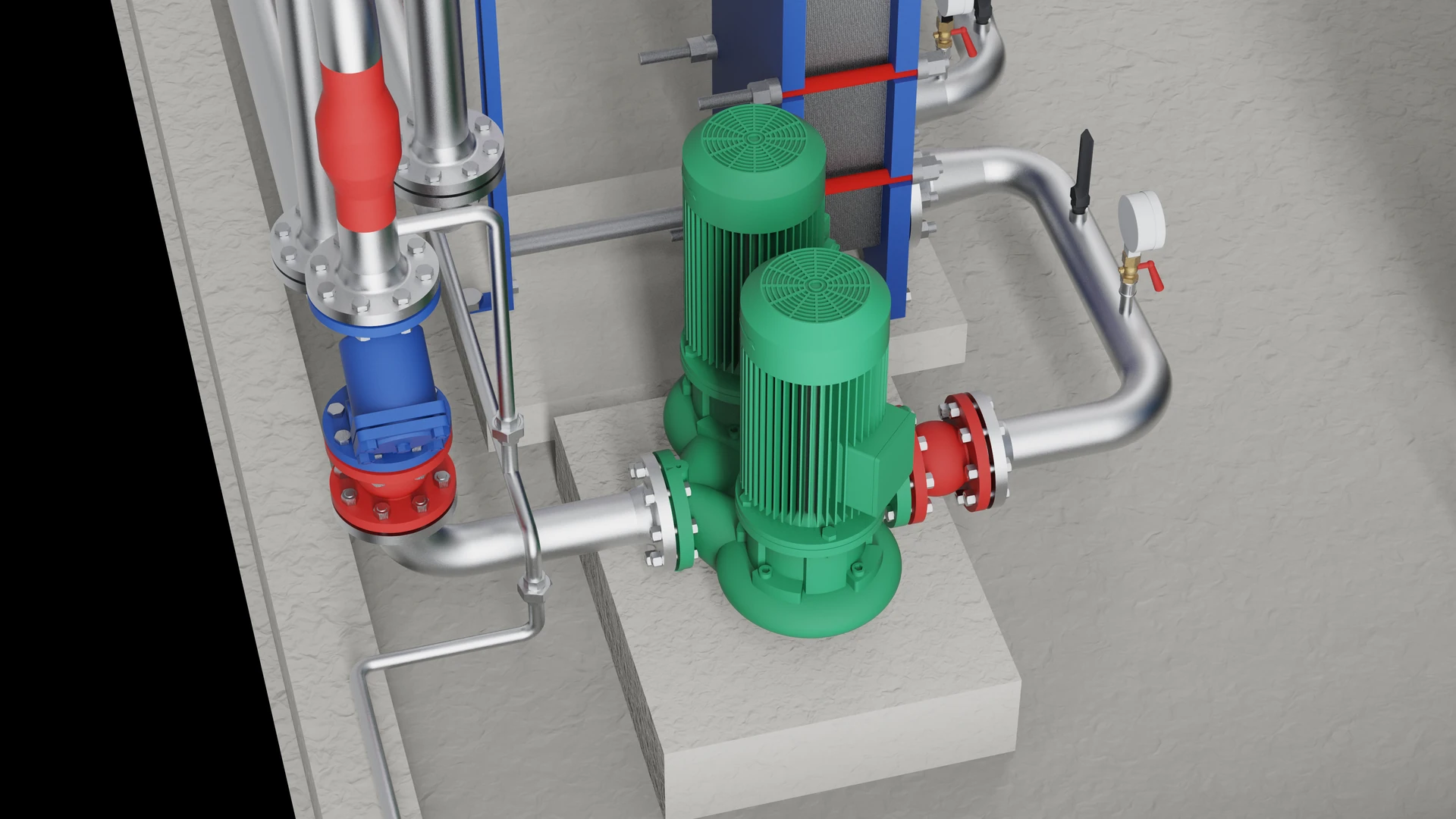 Two green inline circulation pumps set into the pipe run of a hot-water skid, flanged either side, motors mounted directly above the volutes