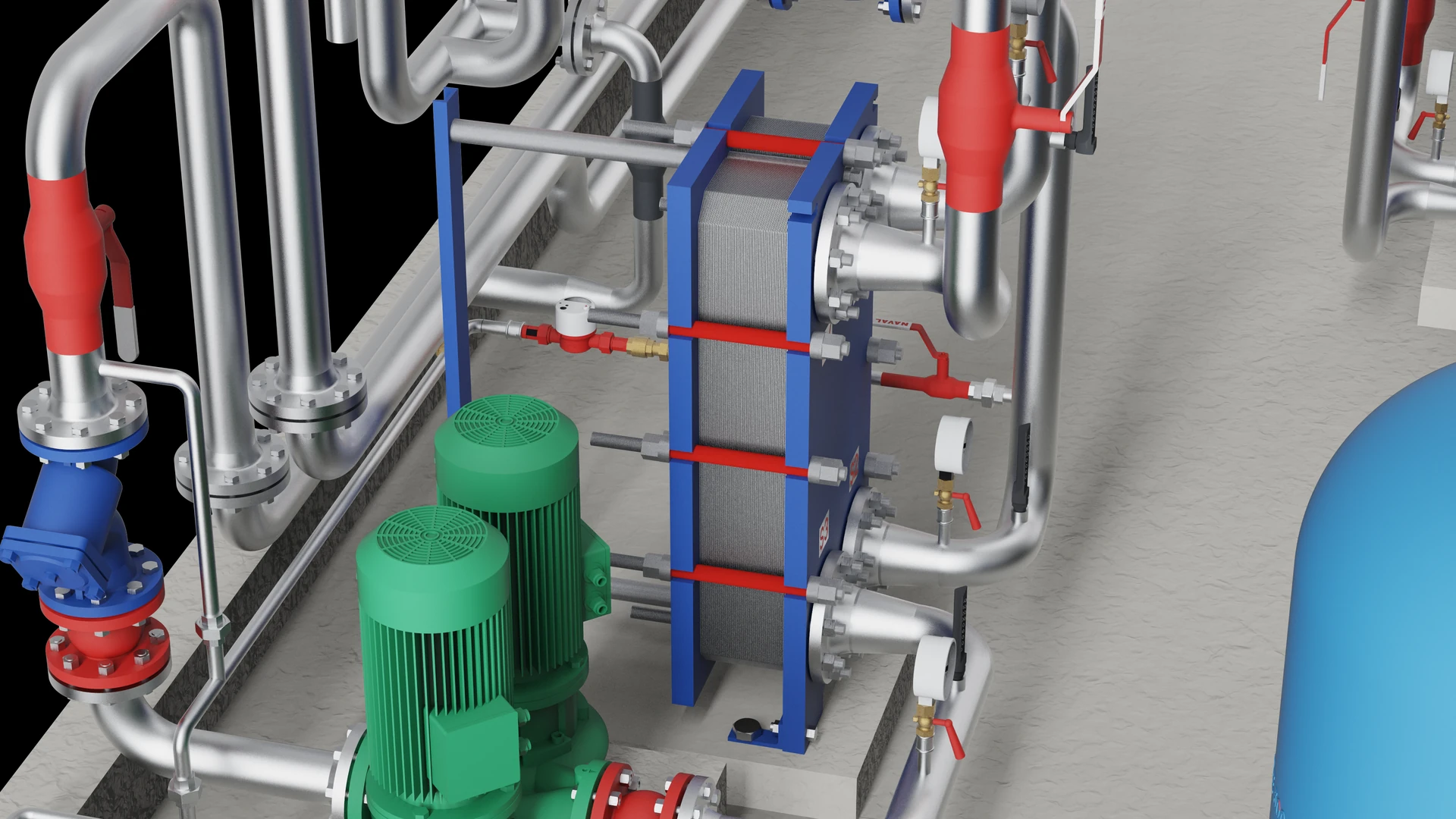 Gasketed plate heat exchanger in its blue frame with tie bars and flanged ports, circulation pumps in front of it