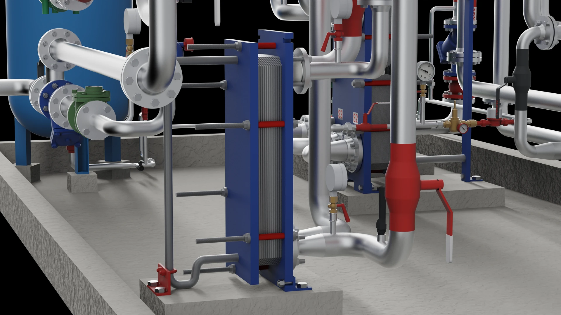Exchanger port side, flanged connections and gasketed joints on the hot-water skid