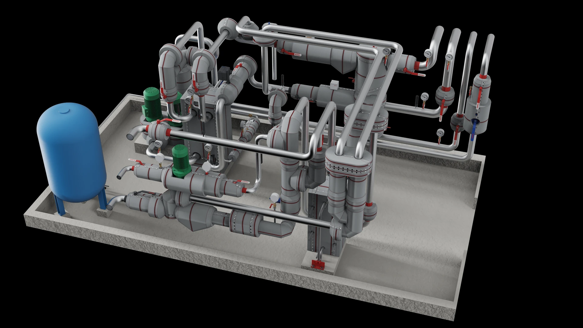 Hot-water energy centre with removable insulation modules fitted over the pipework, valves, pumps and exchangers, the blue buffer tank left bare