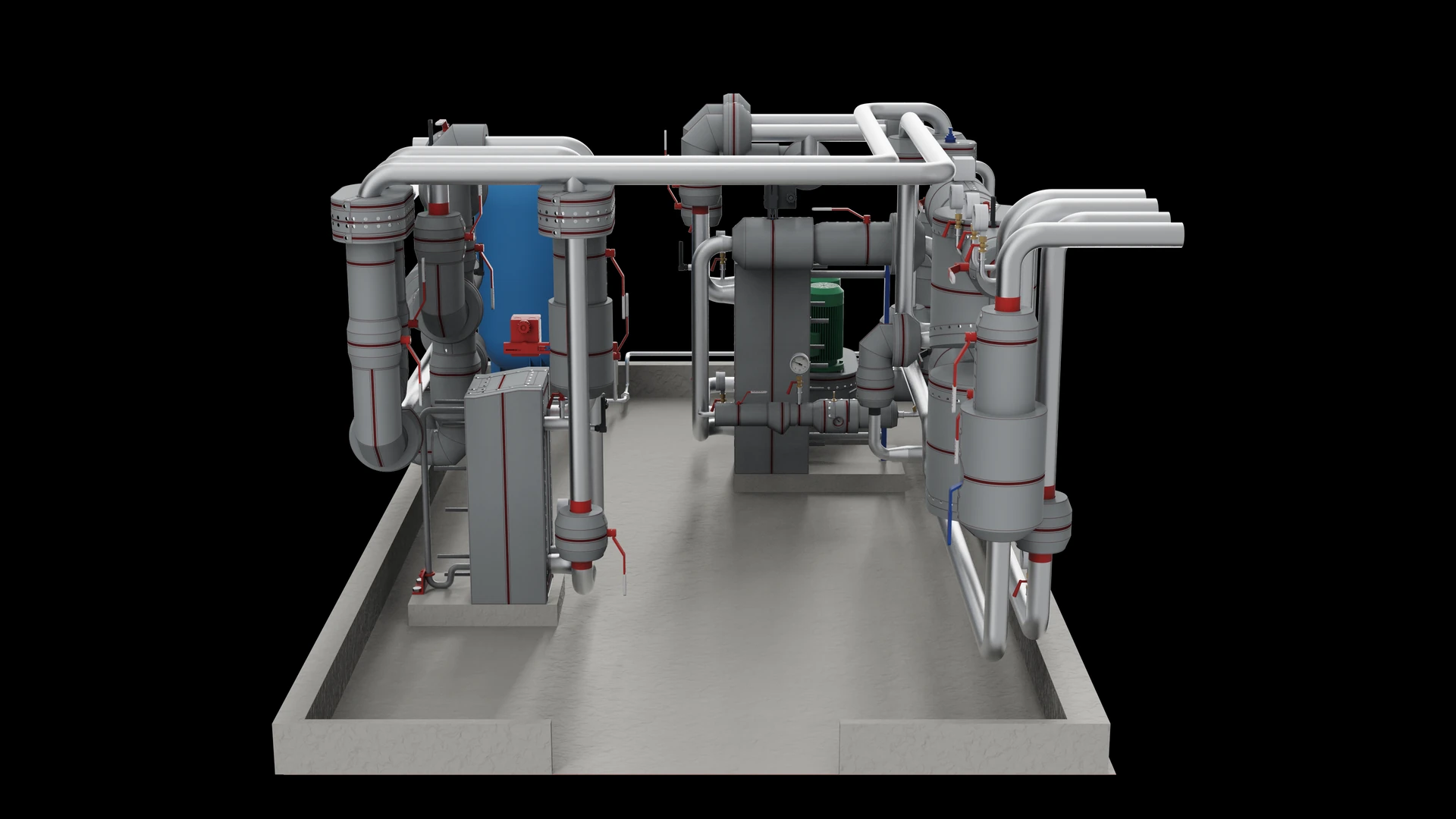 Hot-water energy centre seen straight on with insulation modules fitted over the exchangers, pipework and valves, red operating handles standing clear