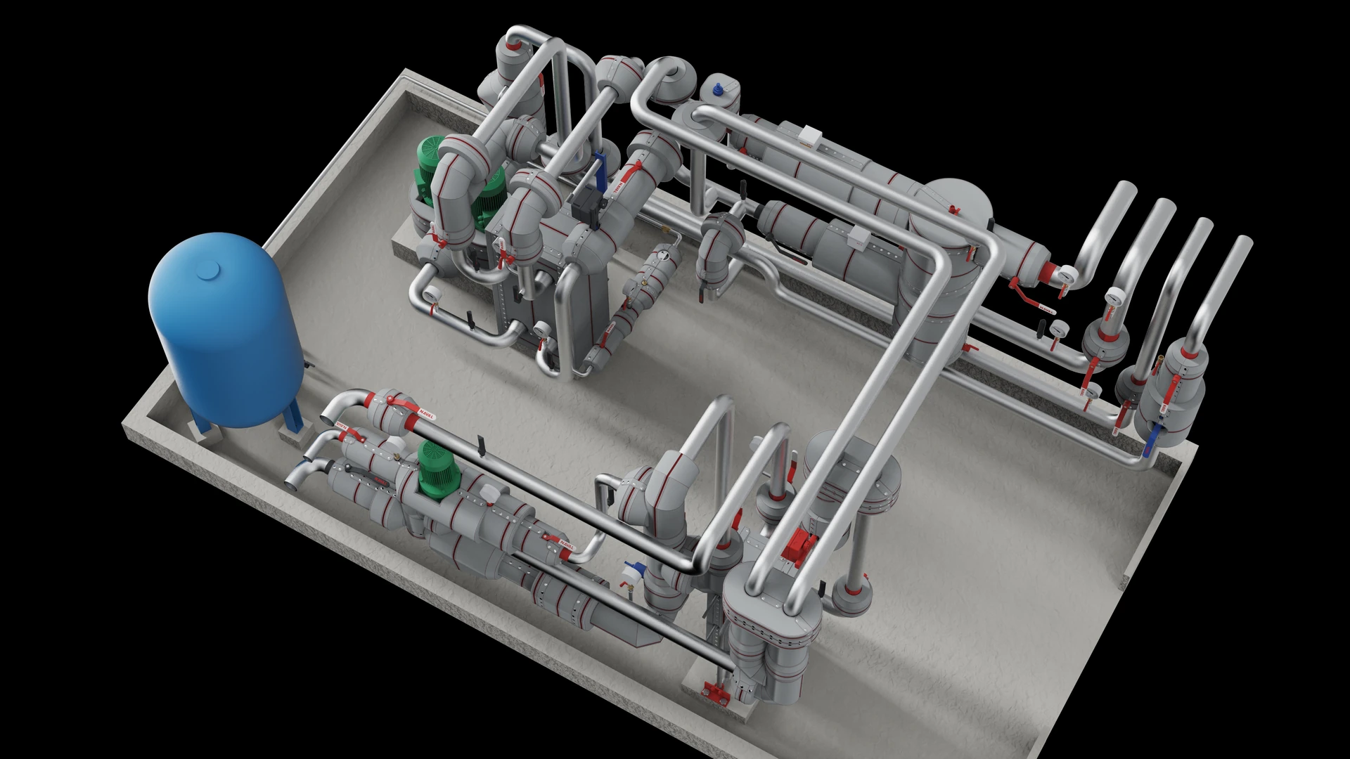 The same hot-water skid with removable insulation modules fitted over the pumps, valves and exchangers, levers and stems standing clear of the covers