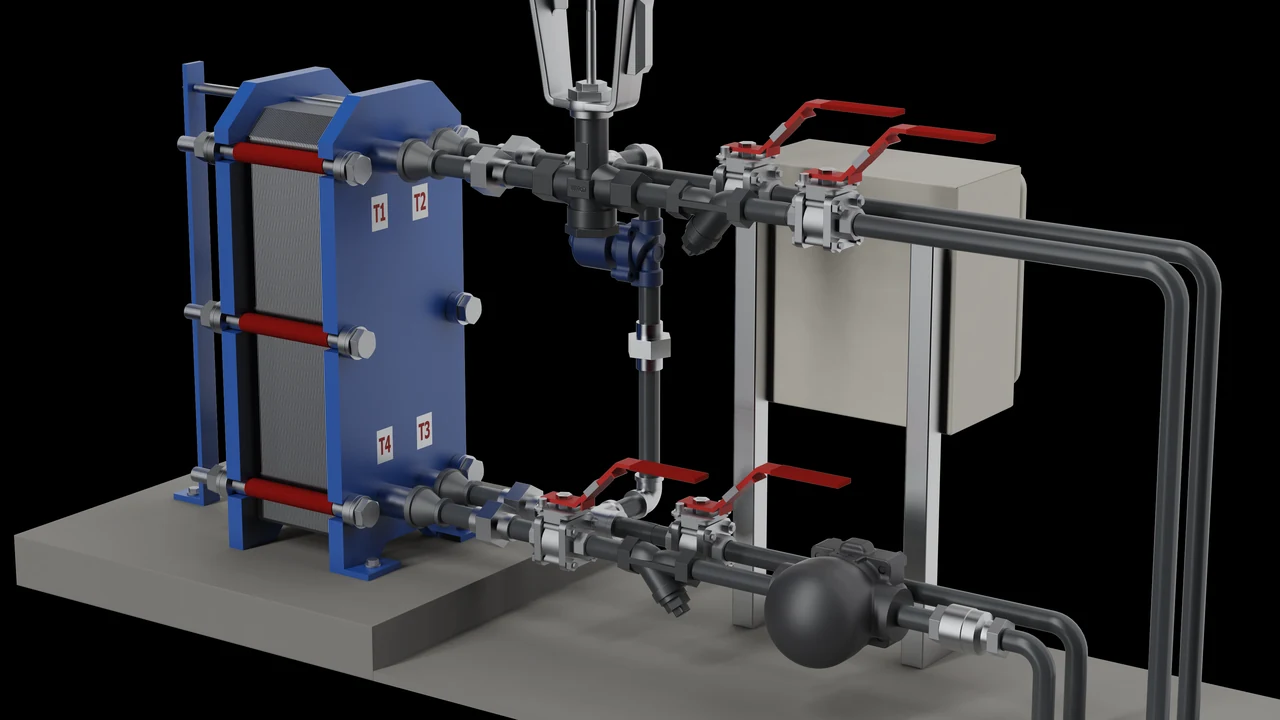 Condensate line: plate heat exchanger, float trap, ball valves and a control valve under a pneumatic actuator