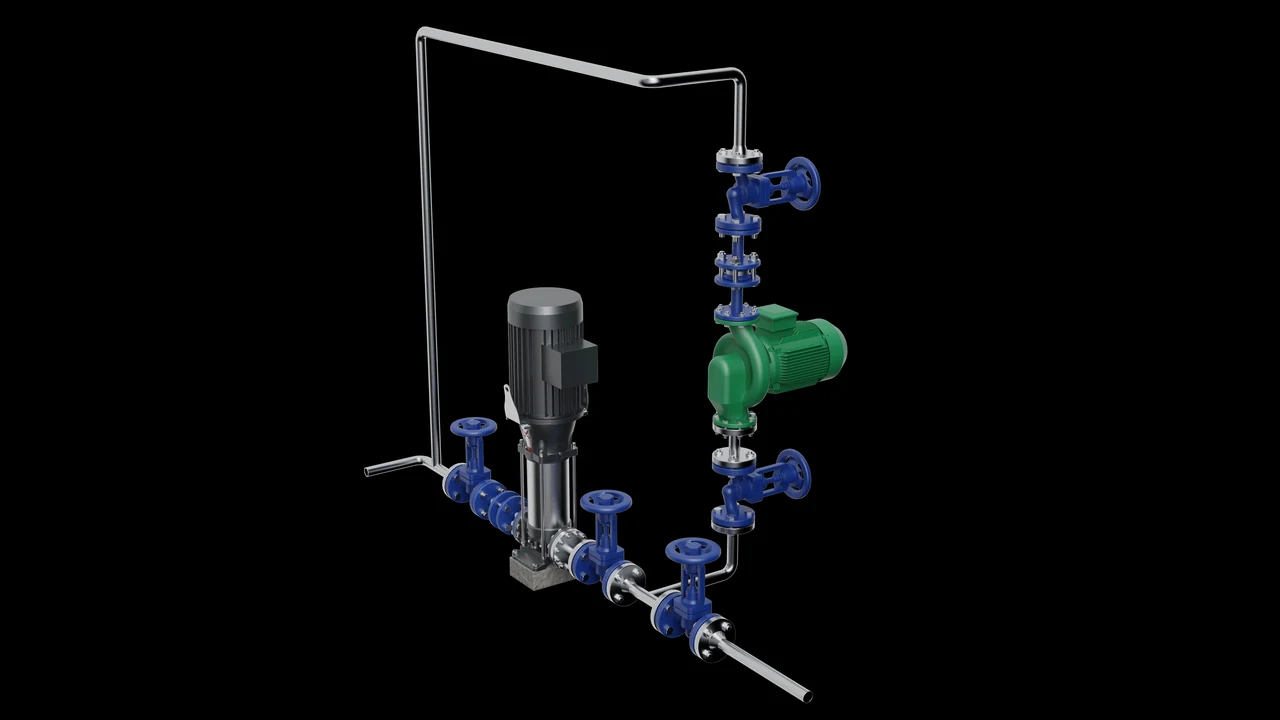 Feedwater set: a vertical multistage pump on a plinth, a close-coupled pump on the riser and flanged valves along the line