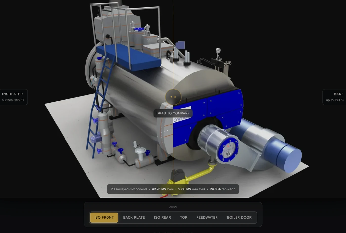 Interactive Cochran shell boiler model comparing exposed and insulated states