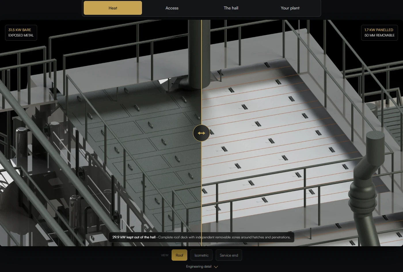 Interactive brewery bottle washer model comparing exposed and insulated roof sections